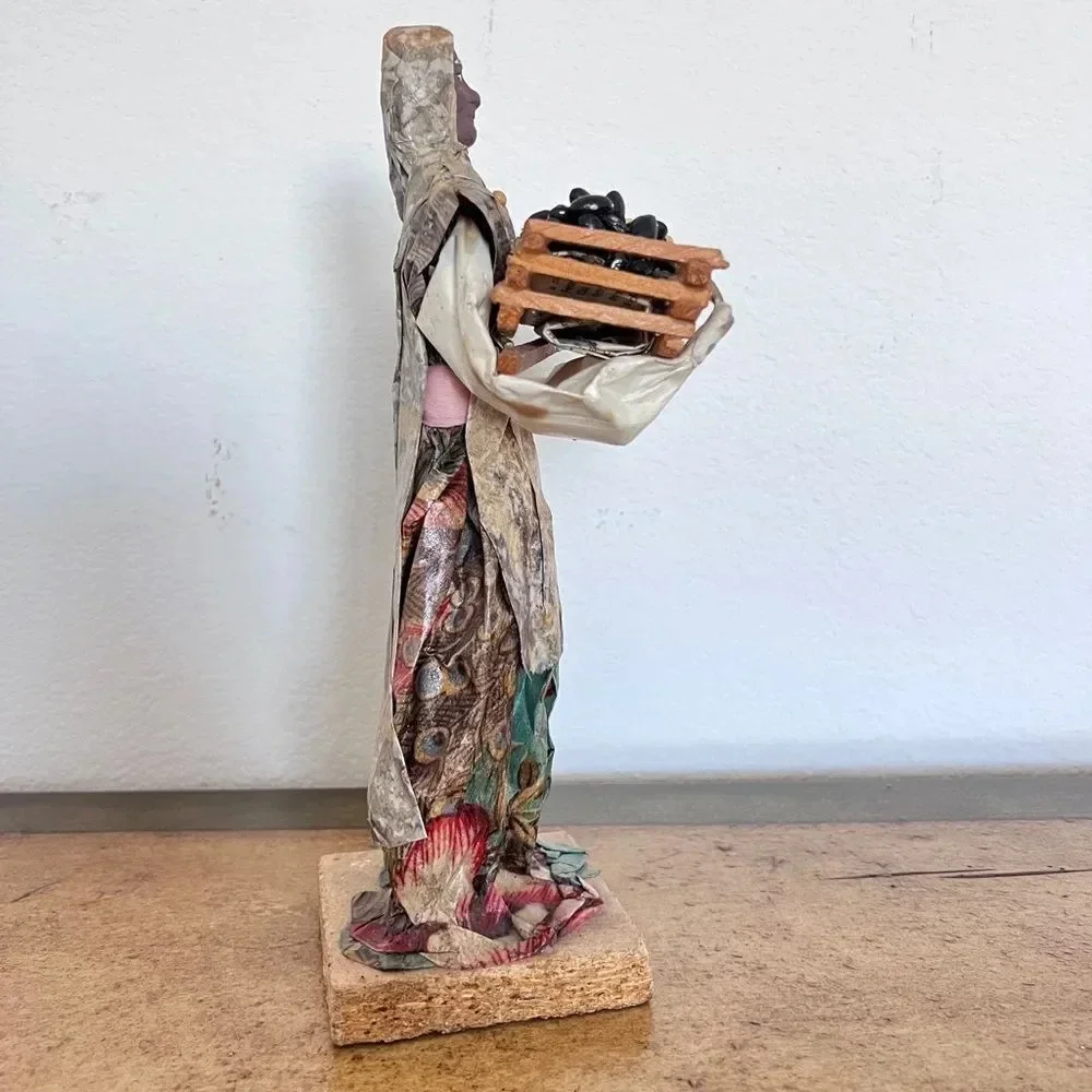 Paper Mache Old Woman Carrying‎ Beans in a Basket Crate Folk Art Figure size 12”